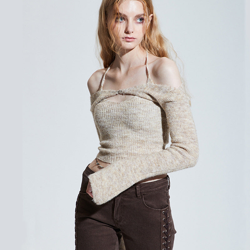Vintage Off The Shoulder Slim Knitted Long Sleeve Sweater