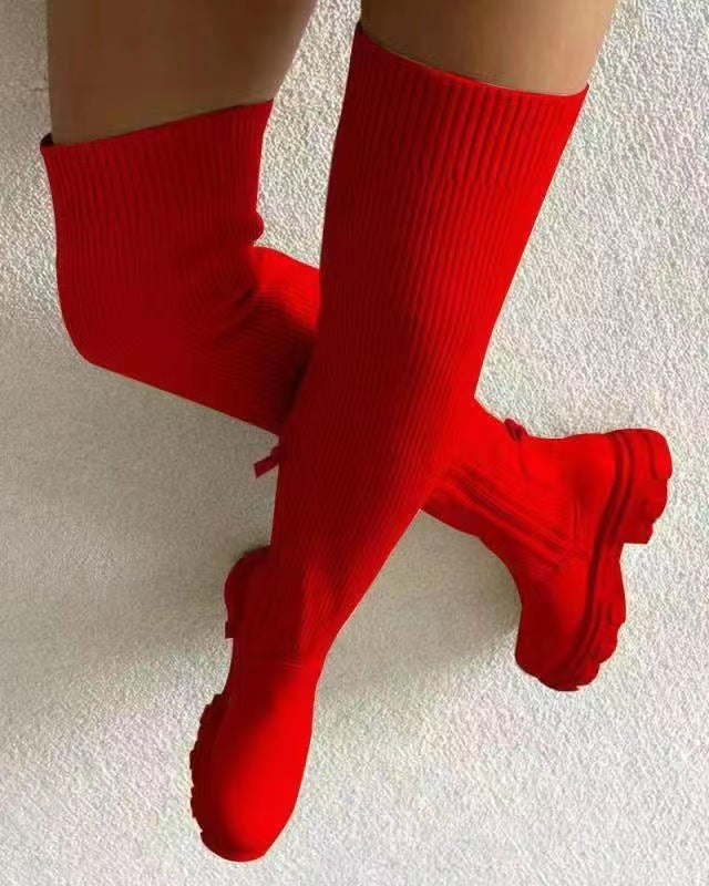 Thick Bottom Round Head Knitted Boots
