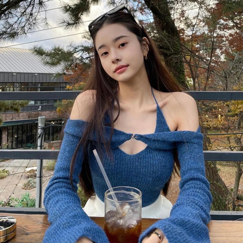 Vintage Off The Shoulder Slim Knitted Long Sleeve Sweater