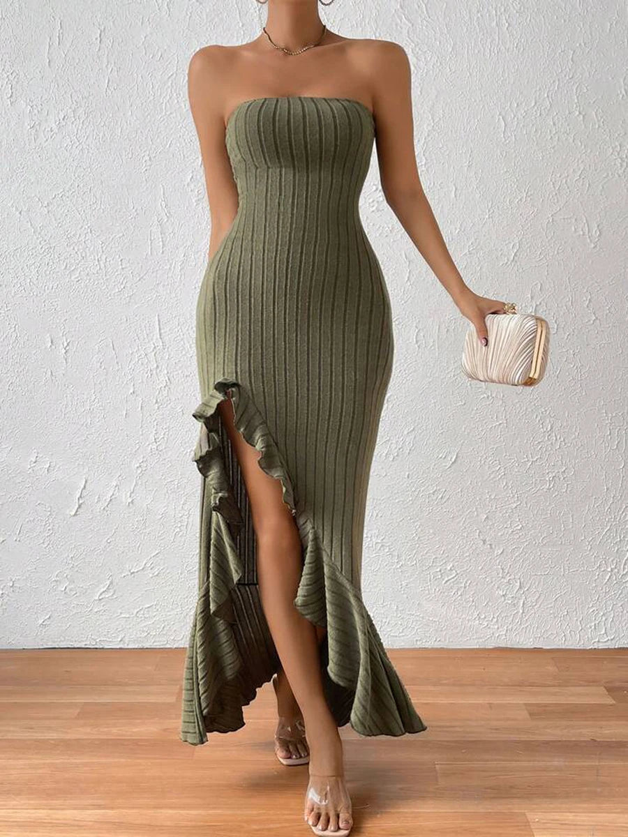 Ruched Ruffles Maxi Dress